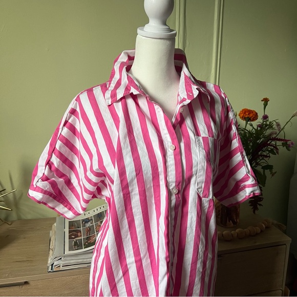 A NEW DAY Pink Stripe Relaxed Fit Button Down Shirt Cotton Midi Mini Dress Sz S - Picture 8 of 16